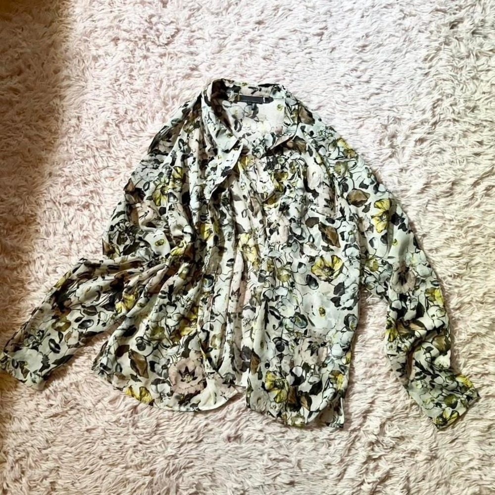 Whimsical Ethereal Floral Sheer Button Up Blouse Womens L Fairy Core Goddess